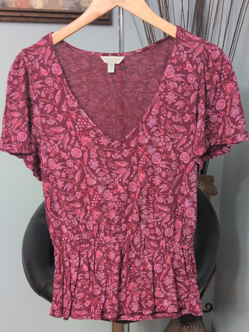 Lucky Brand Mauve Pink Floral V-Neck Peplum Top